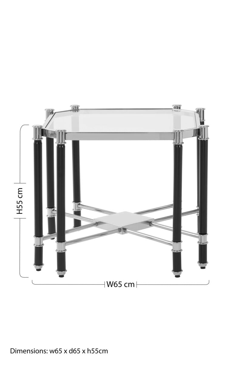 Silver and Black Chrome Finish End Table with Clear Tempered Glass Top, Allessi