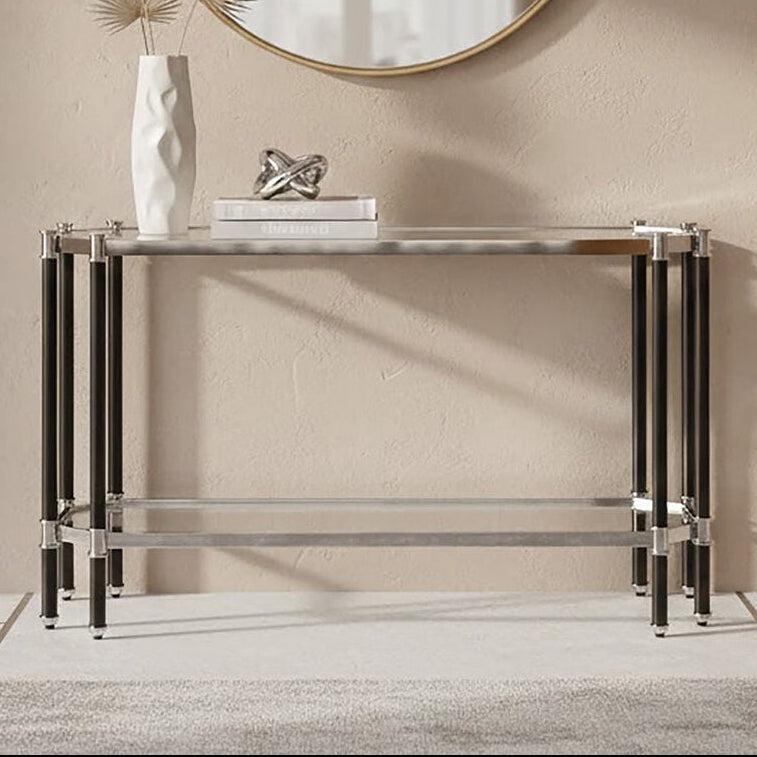 Silver and Black Chrome Finish Console Table with Clear Tempered Glass Top, Allessi