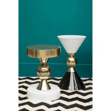 Gold and Black Metal Angular Side Table with White and Black Top and Rounded Base, Martini
