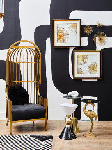 Gold and Black Metal Angular Side Table with White and Black Top and Rounded Base, Martini
