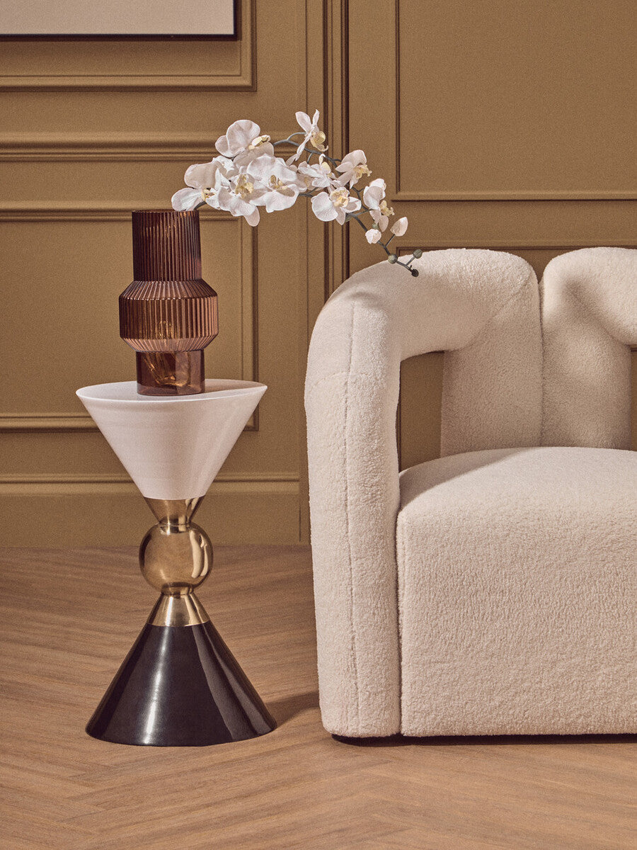 Gold and Black Metal Angular Side Table with White and Black Top and Rounded Base, Martini