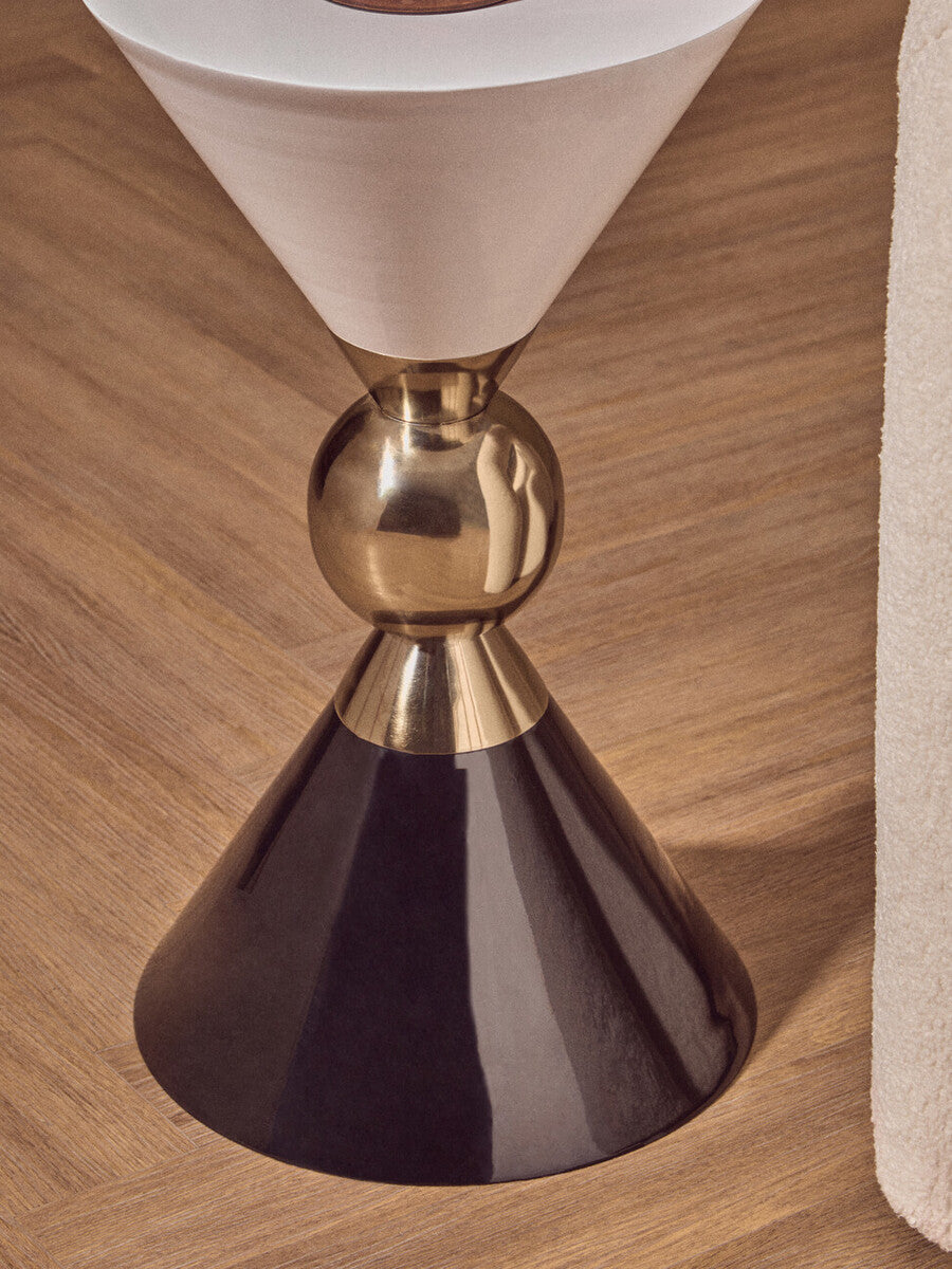 Gold and Black Metal Angular Side Table with White and Black Top and Rounded Base, Martini