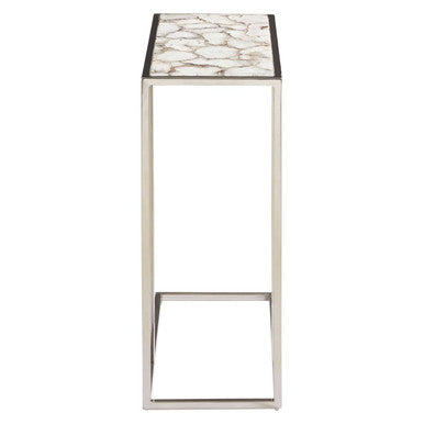 White and Silver Finish Semi-Precious Agate Side Table with Banded Pattern, Vita