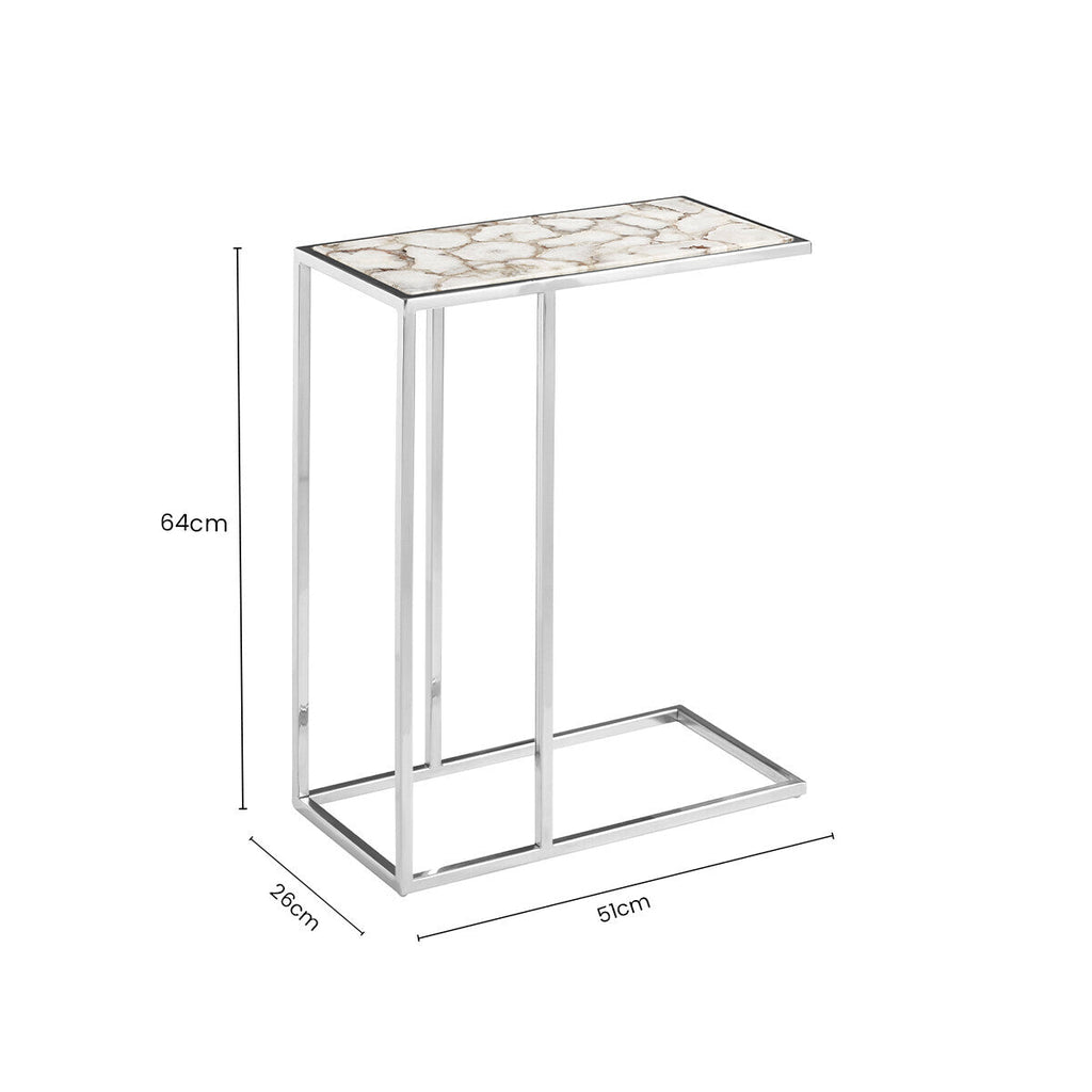 White and Silver Finish Semi-Precious Agate Side Table with Banded Pattern | Vita