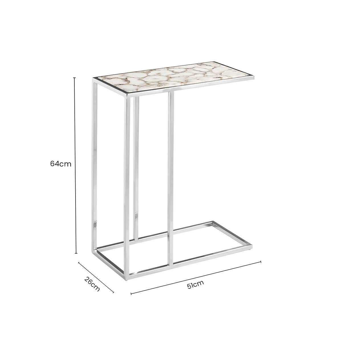 White and Silver Finish Semi-Precious Agate Side Table with Banded Pattern, Vita