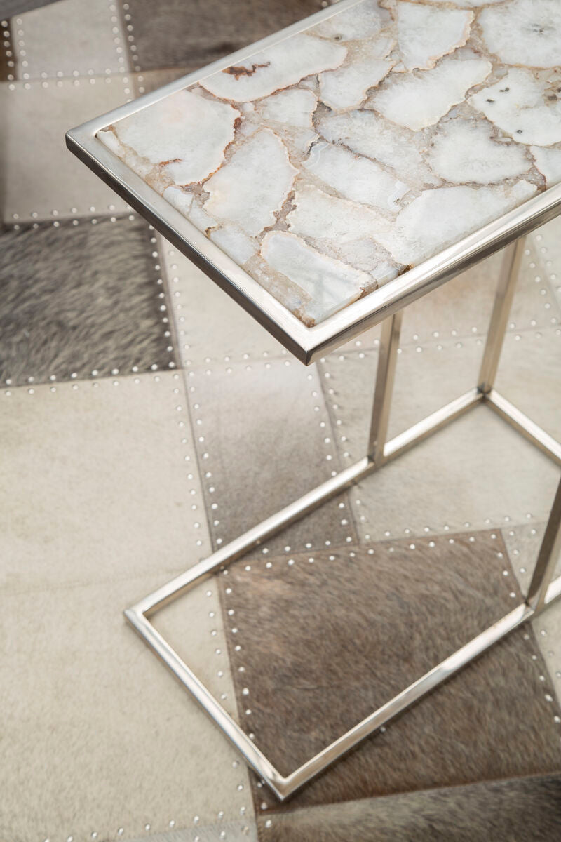 White and Silver Finish Semi-Precious Agate Side Table with Banded Pattern | Vita