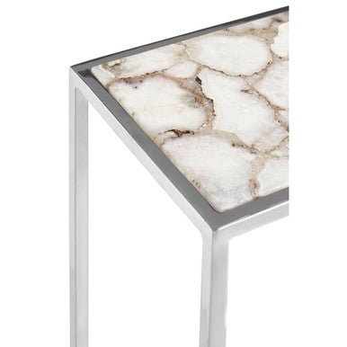 White and Silver Finish Semi-Precious Agate Side Table with Banded Pattern | Vita
