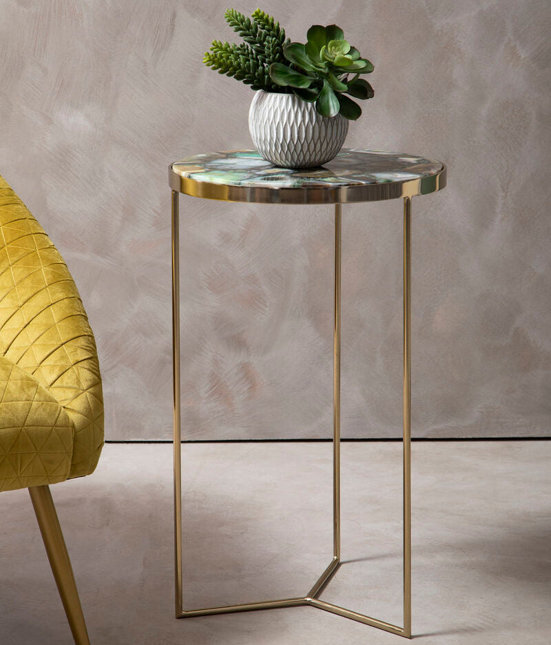 Gold and Assorted Warm Metallic Frame Agate Round Side Table, Vita