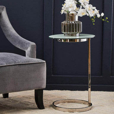 Silver Open Circular Base End Table with White Marble Effect Top, Oria