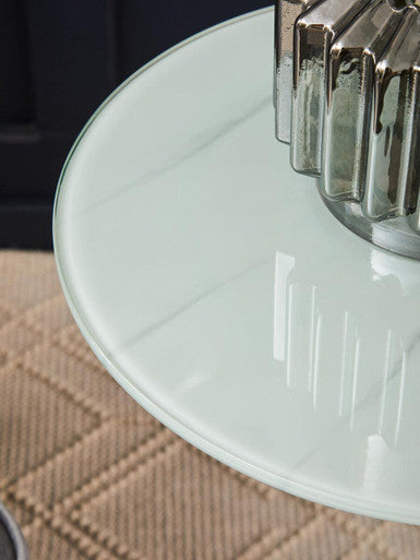 Silver Open Circular Base End Table with White Marble Effect Top, Oria