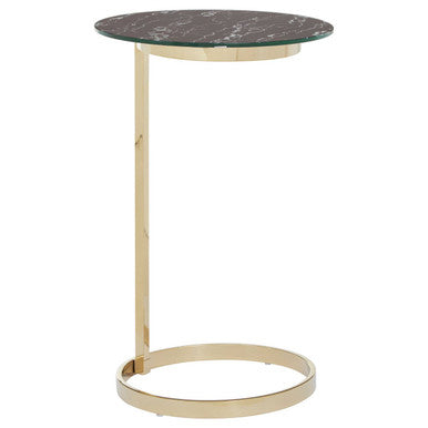 Gold Open Circular Base End Table with Black Marble Effect Glass Top, Oria