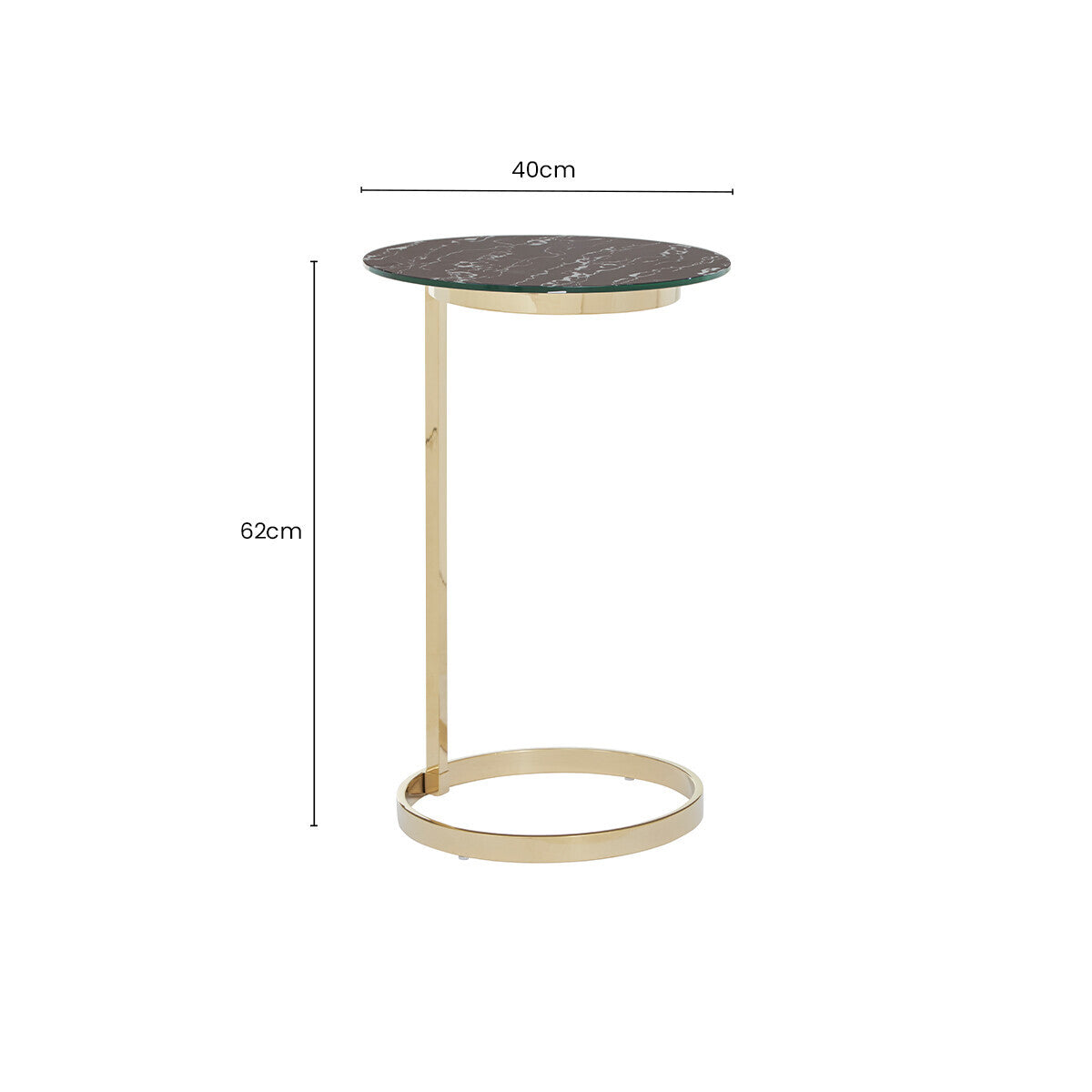 Gold Open Circular Base End Table with Black Marble Effect Glass Top, Oria