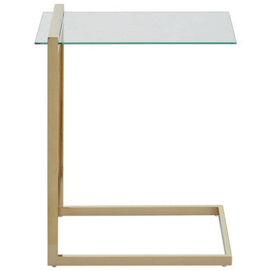 Gold Warm Metallic Finish End Table with Clear Tempered Glass Top, Oria