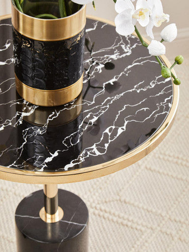 Gold Frame T-Shape End Table with Black Marble Top | Oria