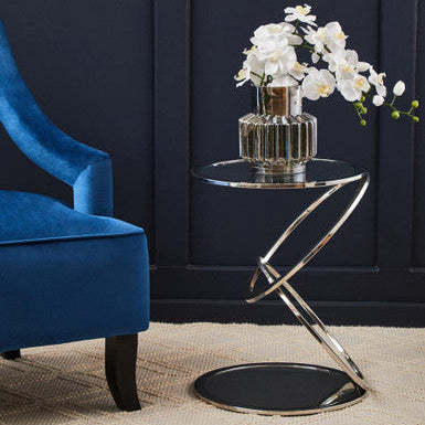 Silver Finish Rings Shaped Base End Table with Clear Glass Top, Oria