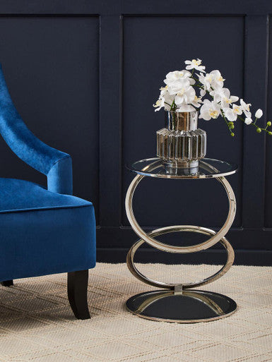 Silver Finish Rings Shaped Base End Table with Clear Glass Top, Oria