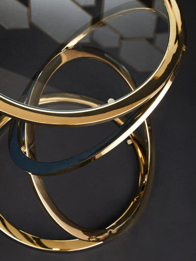 Gold Finish Rings Shaped Base End Table with Clear Glass Top, Oria