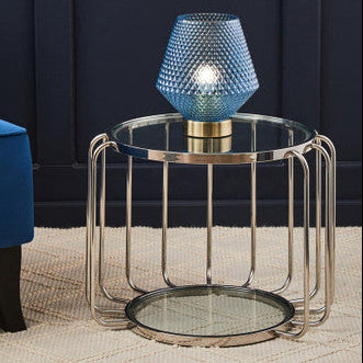Silver Finish Metallic Frame Side Table with Tempered Glass Top, Oria