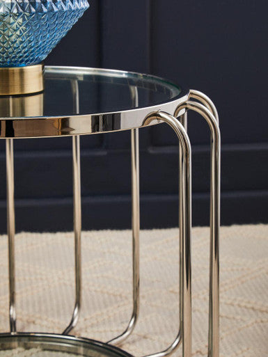 Silver Finish Metallic Frame Side Table with Tempered Glass Top, Oria