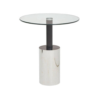 Black and Silver Powder-Coated T-Shape End Table with Clear Glass Top | Oria