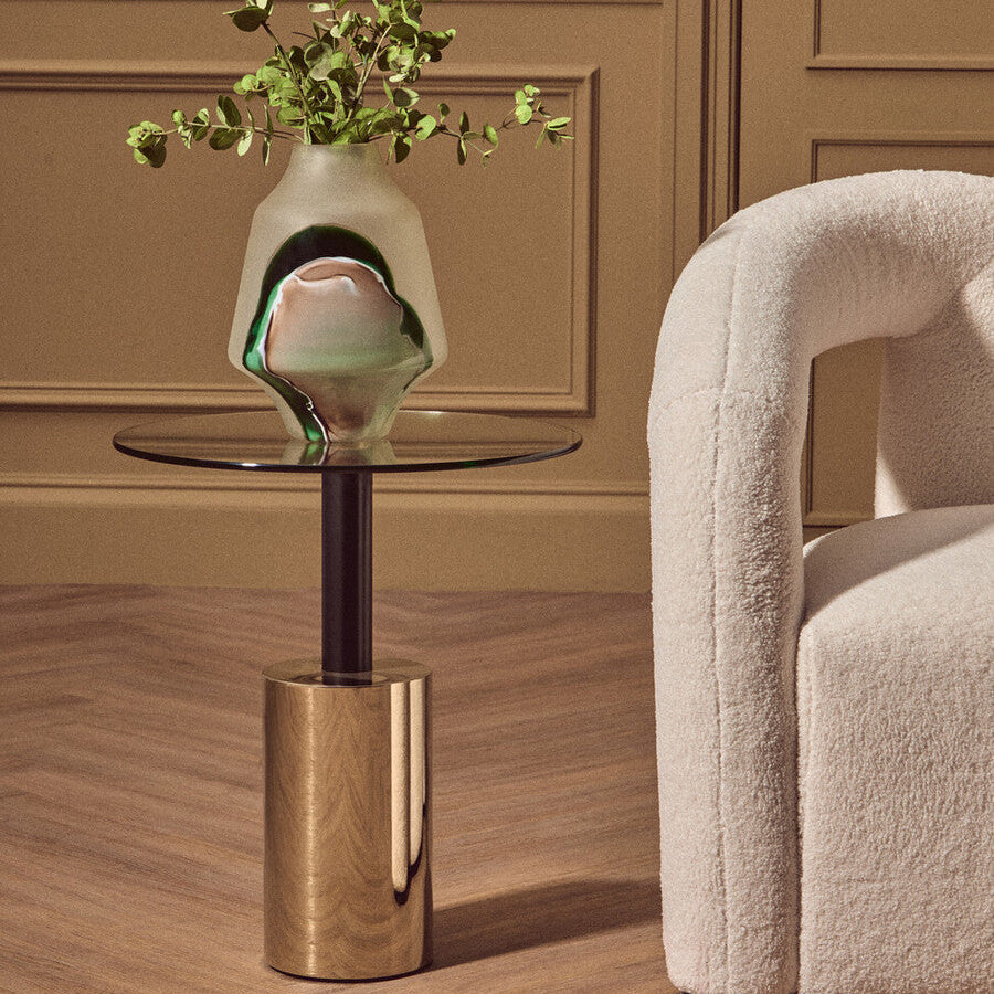 Black and Gold Powder-Coated T-Shape End Table with Clear Glass Top | Oria