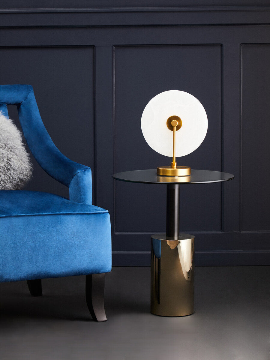Black and Gold Powder-Coated T-Shape End Table with Clear Glass Top | Oria