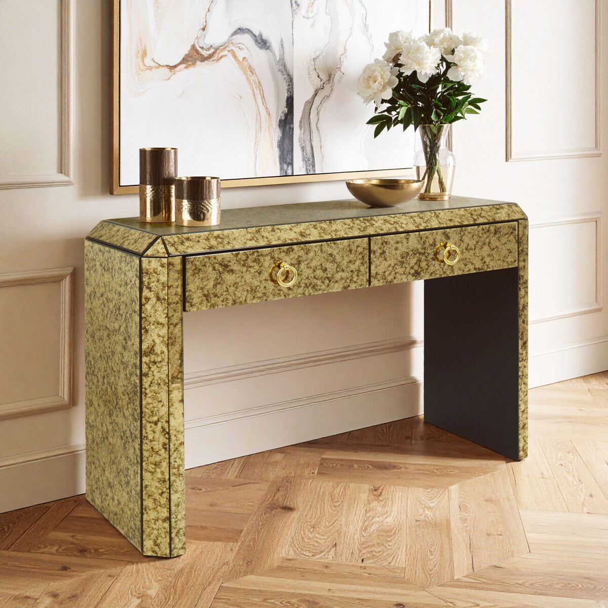 Antique Mirror Console Table with 2 Drawers in Gold Finish, Komo