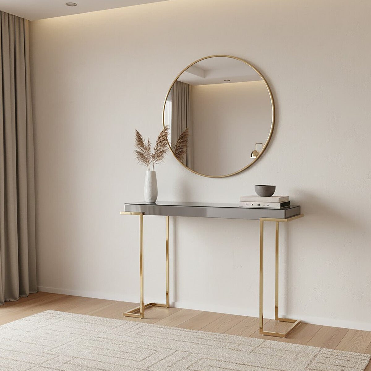 Mirrored Console Table in Gold and Grey Finish, Kaso