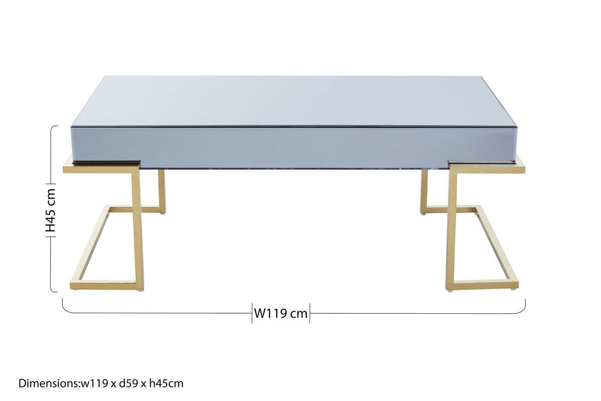 Mirrored Rectangular Coffee Table in Gold and Grey Finish, Kaso