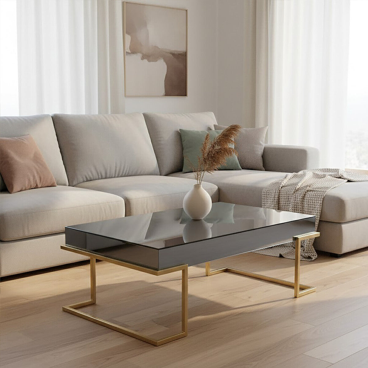 Mirrored Rectangular Coffee Table in Gold and Grey Finish, Kaso