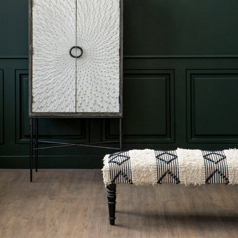 Cefena Black and White Fabric Bench with Open Weave Design