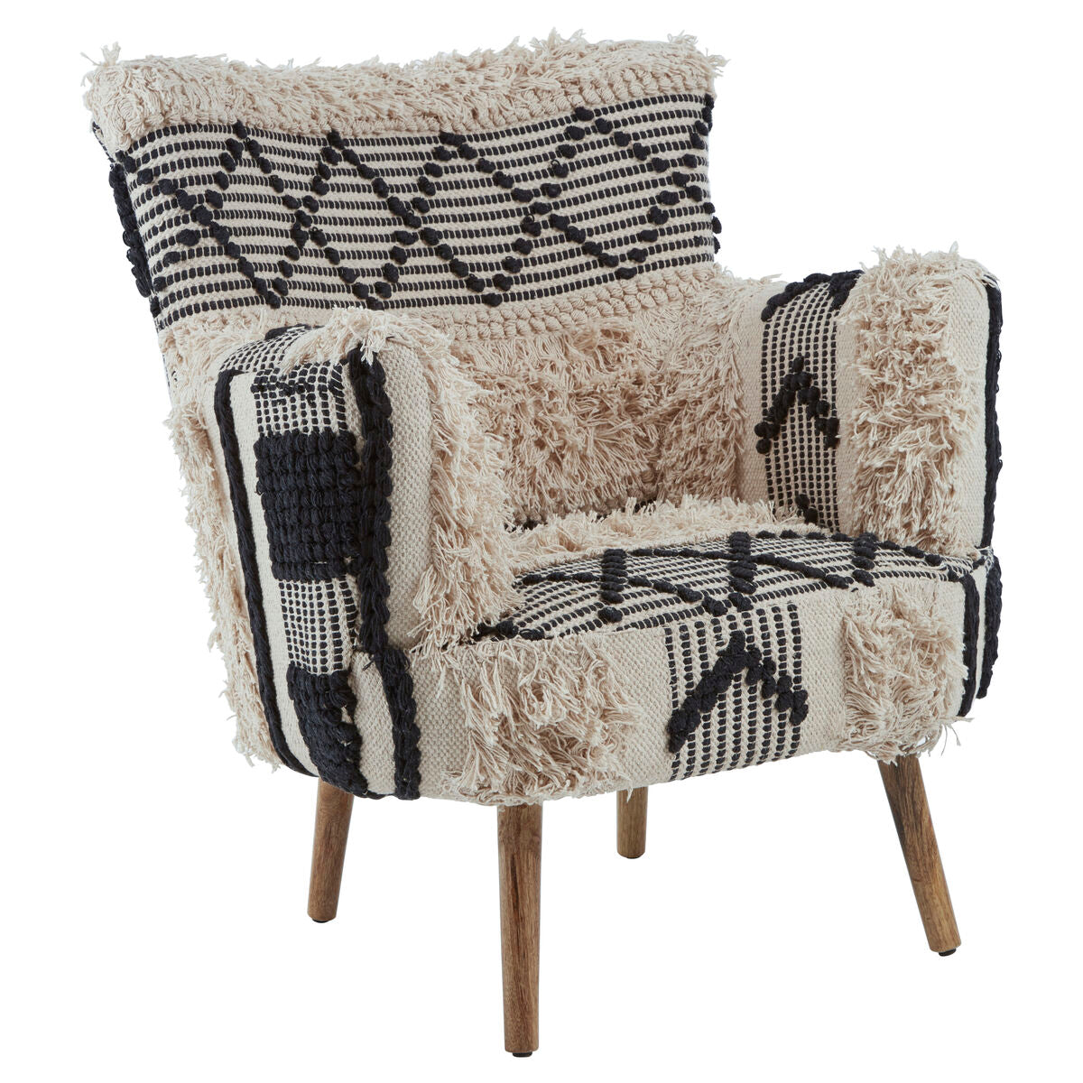 Cefena Black and White Shaggy Fabric Armchair with Mango Wood Legs