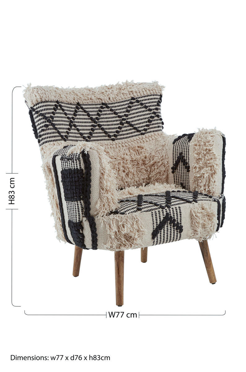 Cefena Black and White Shaggy Fabric Armchair with Mango Wood Legs