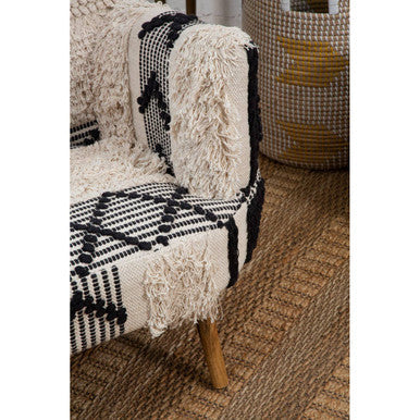Cefena Black and White Shaggy Fabric Armchair with Mango Wood Legs