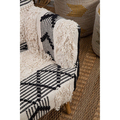Cefena Black and White Shaggy Fabric Armchair with Mango Wood Legs