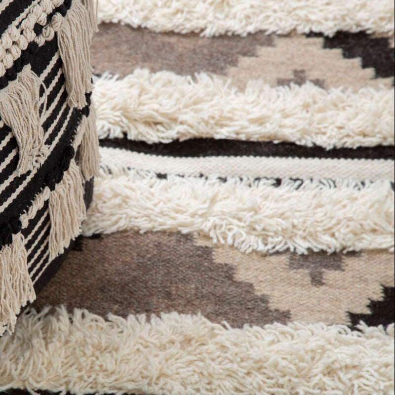 Cefena Black and White Shaggy Pouffe
