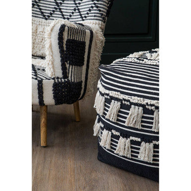 Cefena Black and White Shaggy Pouffe