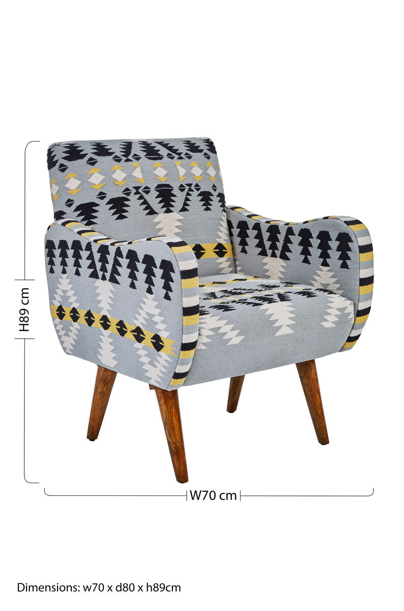 Cefena Multicolour Kilim Style Fabric Armchair with Curved Armrests