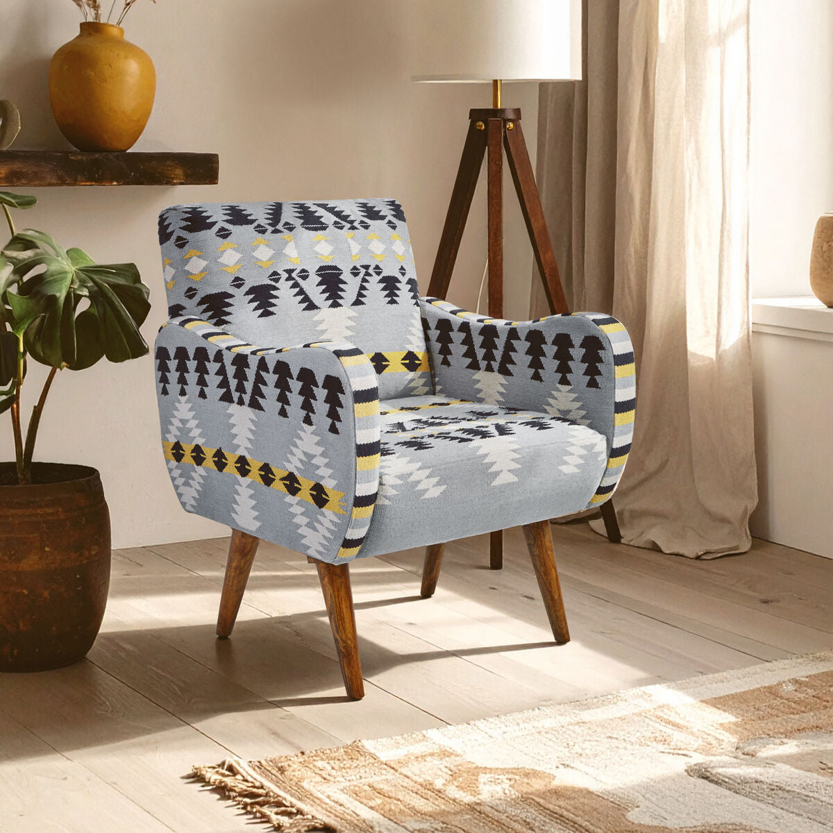 Cefena Multicolour Kilim Style Fabric Armchair with Curved Armrests