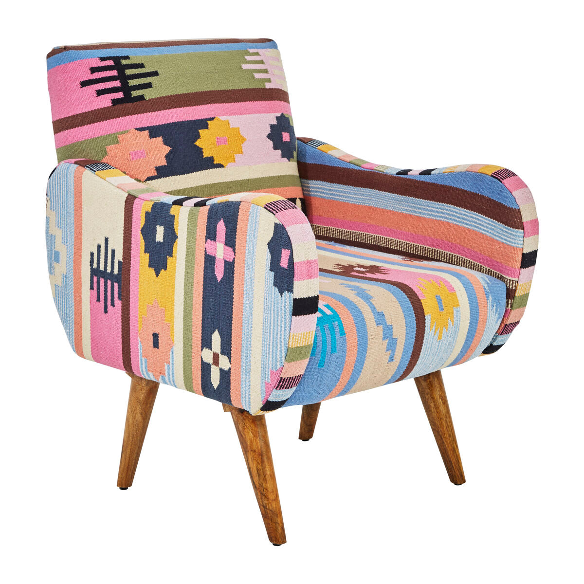 Cefena Multicolour Kilim Style Fabric Chair with Mango Wood Legs