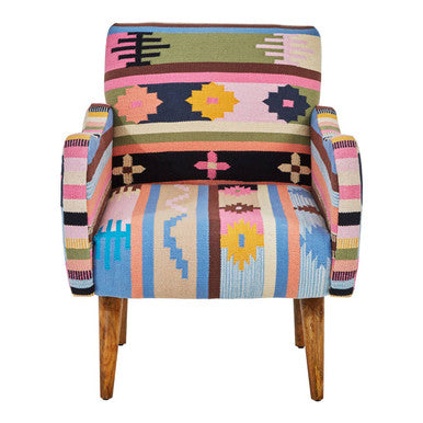Cefena Multicolour Kilim Style Fabric Chair with Mango Wood Legs
