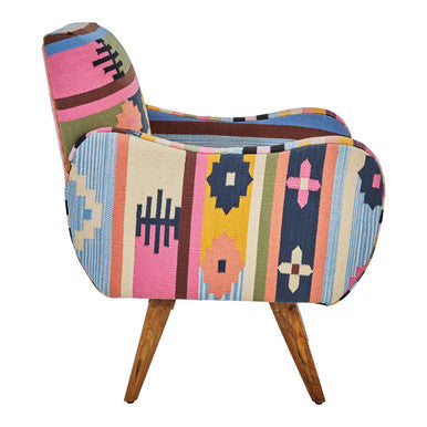 Cefena Multicolour Kilim Style Fabric Chair with Mango Wood Legs