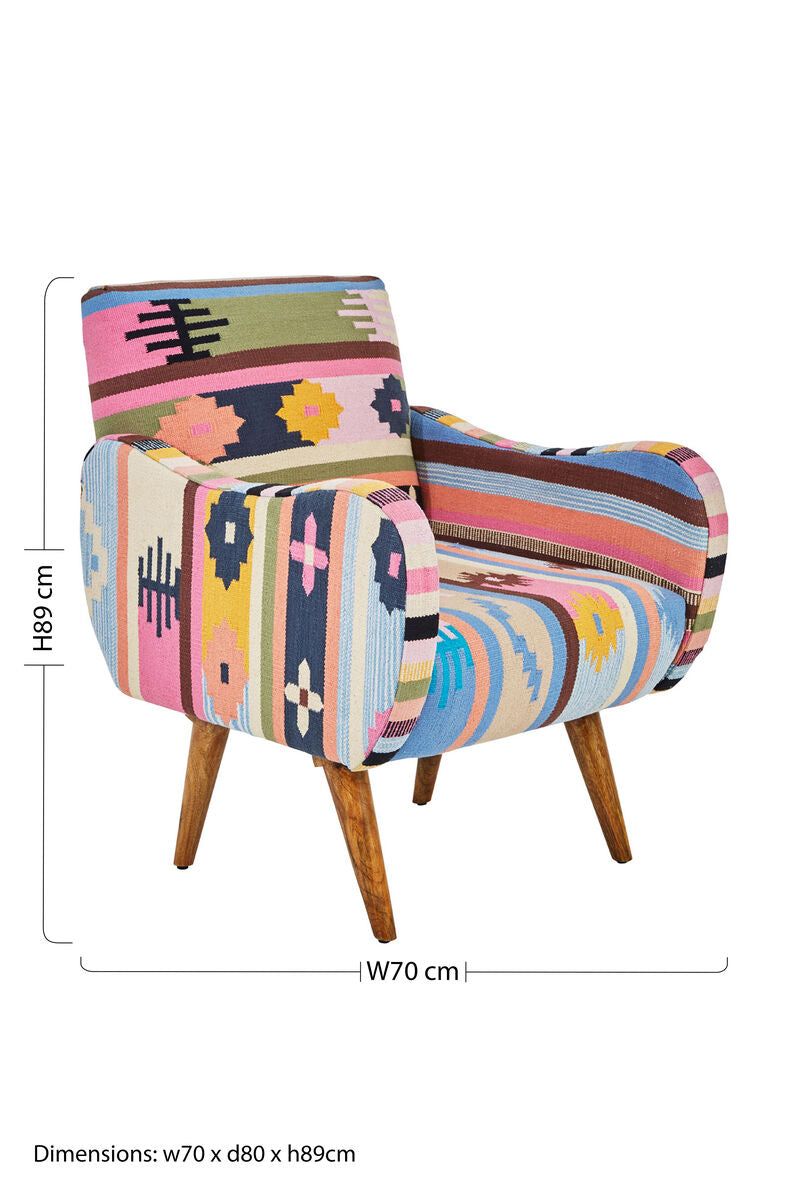 Cefena Multicolour Kilim Style Fabric Chair with Mango Wood Legs