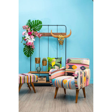 Cefena Multicolour Kilim Style Fabric Chair with Mango Wood Legs