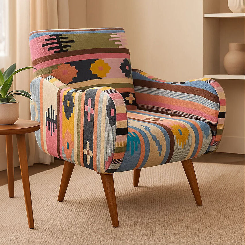 Cefena Multicolour Kilim Style Fabric Chair with Mango Wood Legs