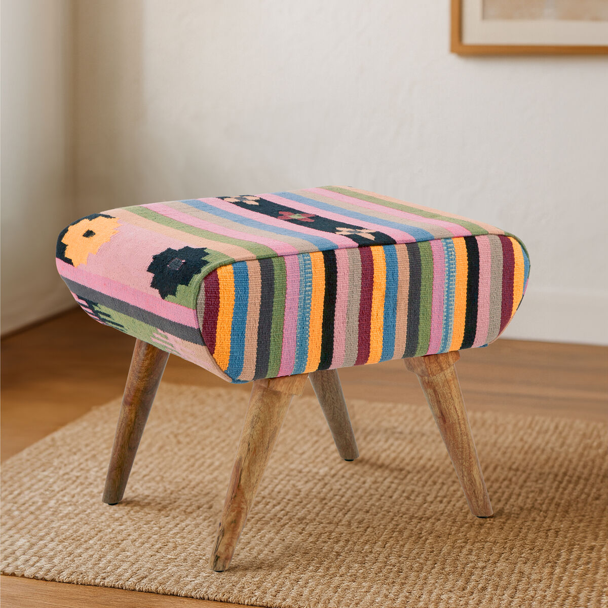 Cefena Multicolour Fabric Footstool with Padded Seat