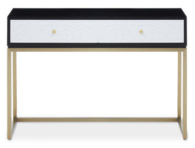 Black and White 2 Drawers Warm Metallic Finish Console Table with Gold Knob Handle, Dumas