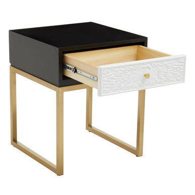 Black and White 1 Drawer Warm Metallic Finish Side Table with Gold Knob Handle, Dumas