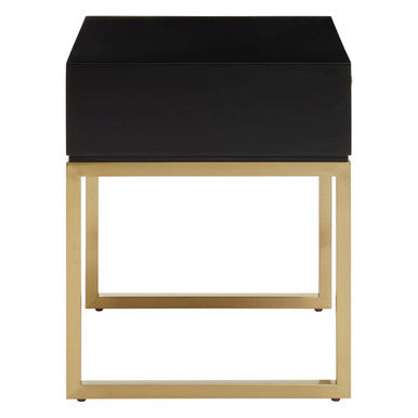 Black and White 1 Drawer Warm Metallic Finish Side Table with Gold Knob Handle, Dumas