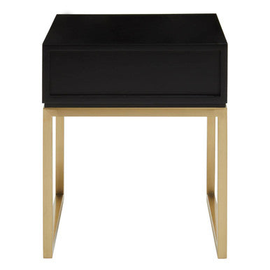 Black and White 1 Drawer Warm Metallic Finish Side Table with Gold Knob Handle, Dumas